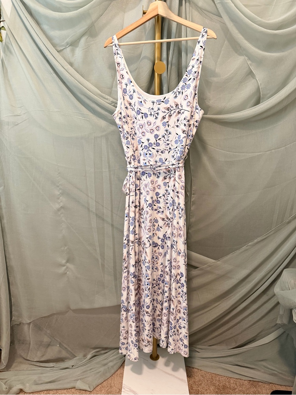 LOFT White and Blue Floral Belted Tank Dress - Picture 3 of 6
